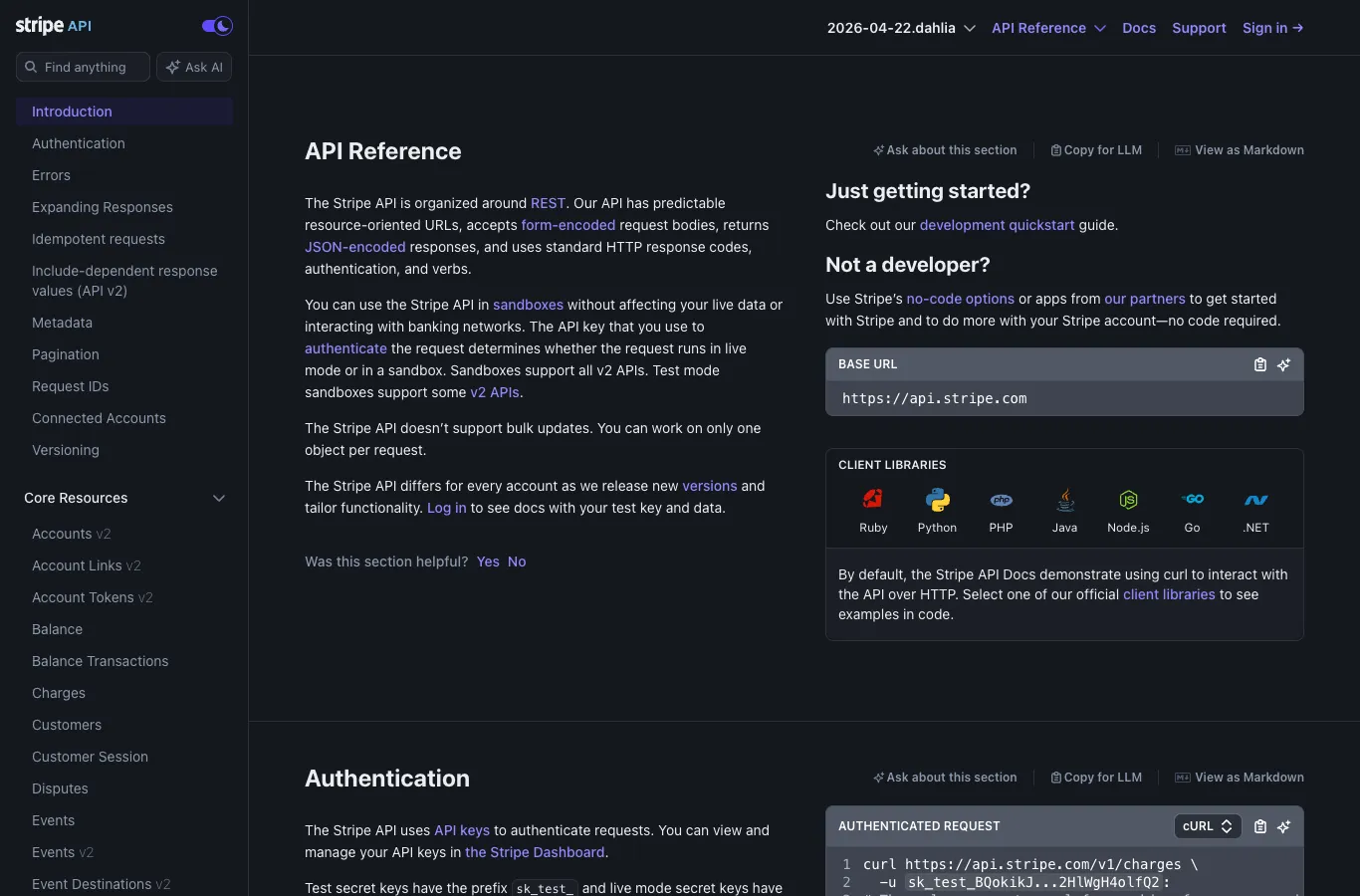 Stripe API Reference 페이지 캡처. 좌측 사이드바에 General(Introduction, Authentication, Errors, Expanding Responses, Idempotent requests, Metadata, Pagination, Request IDs 등)과 Core Resources(Accounts, Account Links, Account Tokens, Balance, Balance Transactions, Charges, Customers, Customer Session, Disputes, Events, Files, File Links, Mandates, Payment Intents, Persons 등) 같은 자원 그룹이 트리 형태로 늘어서 있다. 본문 우측은 API Reference의 인트로 문구와 BASE URL, CLIENT LIBRARIES 정보를 담은 색인형 레이아웃이다.